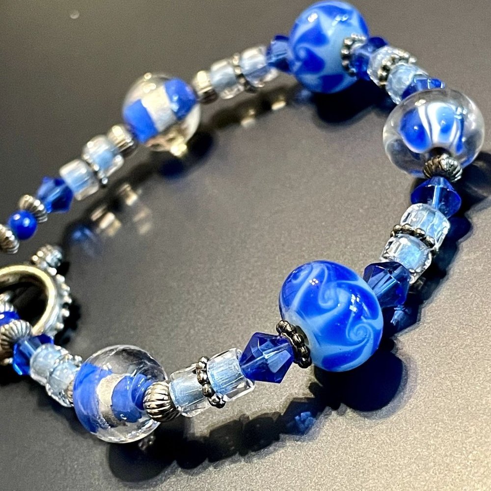 Stunning Blue & White Art Glass Beaded Toggle Bracelet